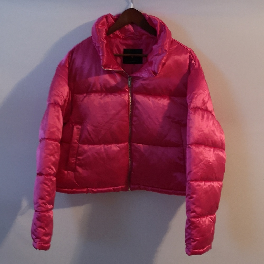 Women's 7 For All Mankind Winter Puffer Coat Crop Square Vibrant Pink Medium P